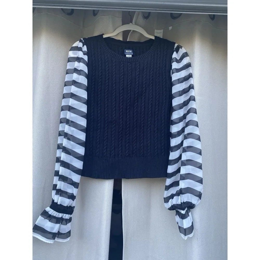 Anthropologie Maeve Small Cableknit Sweater Sheer Black & White Stripe Sleeves - Picture 4 of 7